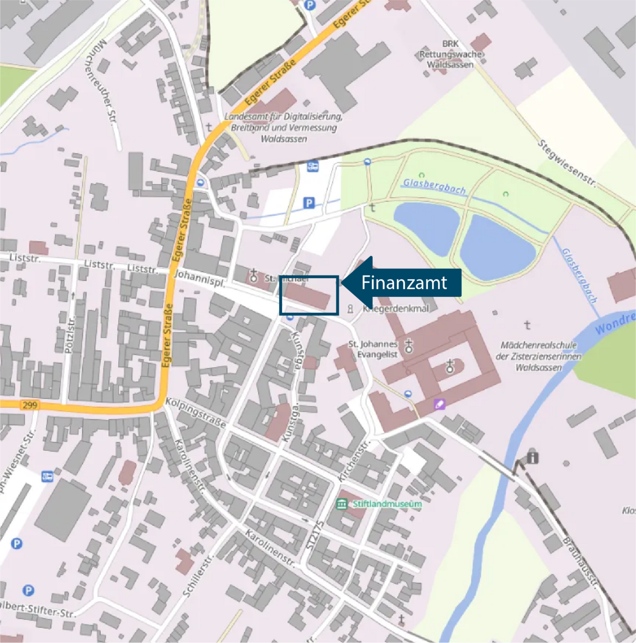 Lageplan mit Markierung des Finanzamts Waldsassen, Johannisplatz